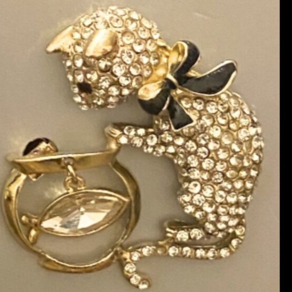 Cat Rhinestone Fishbowl Brooch Ladies